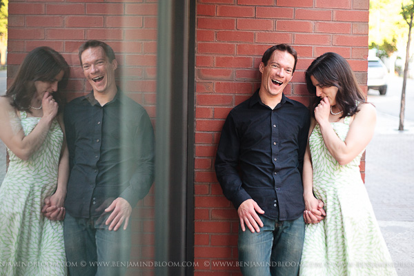 Peter & Emily's Burlington Vermont Engagement (E-Session) photos: Brick wall with glass reflection