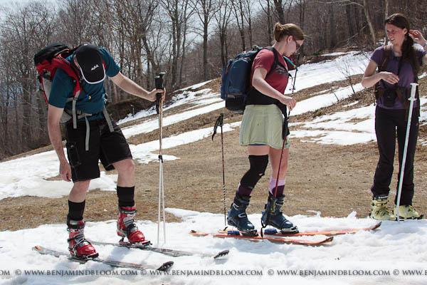 Telemarkers clicking in to skin Mt. Mansfield for a final day of spring skiing.