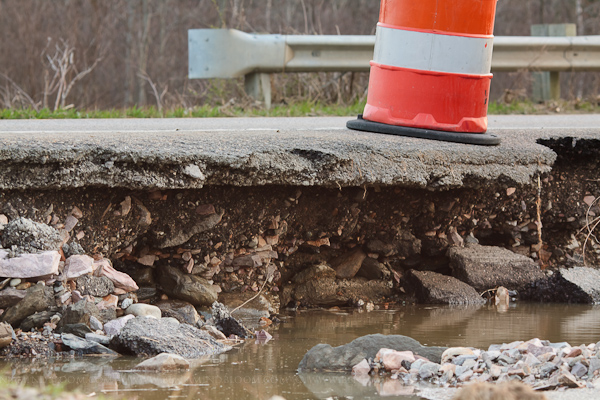 Erosion undercut many roads in the Burlington area. Route 128 in Essex is open as of this evening, but it's a little more narrow than it used to be.